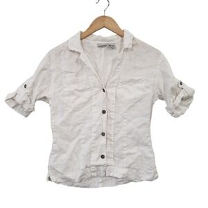 Chicos Linen Button Down Shirt White Roll Tab Sleeve Size S Coastal Minimalist